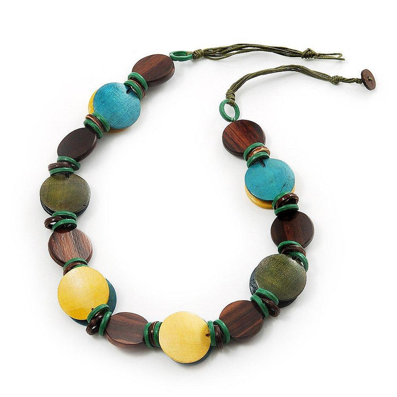 [Australia] - Avalaya Button Shape Wood Olive Cotton Cord Necklace (Teal, Green, Brown & Yellow) - 62cm Length 