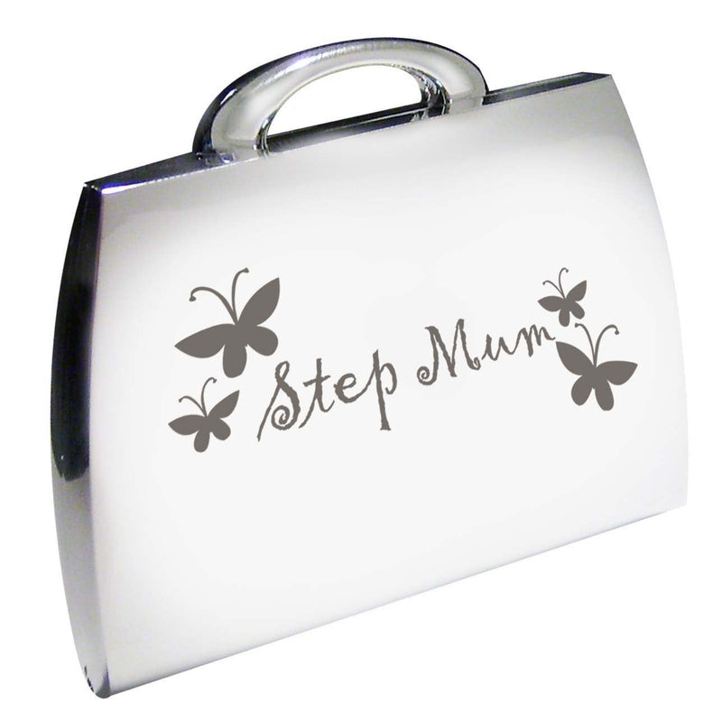[Australia] - Silver Finish Step Mum Handbag Compact Mirror with Butterfly Motif Great Gift Idea for Mummy Birthday Christmas Mothers Day 