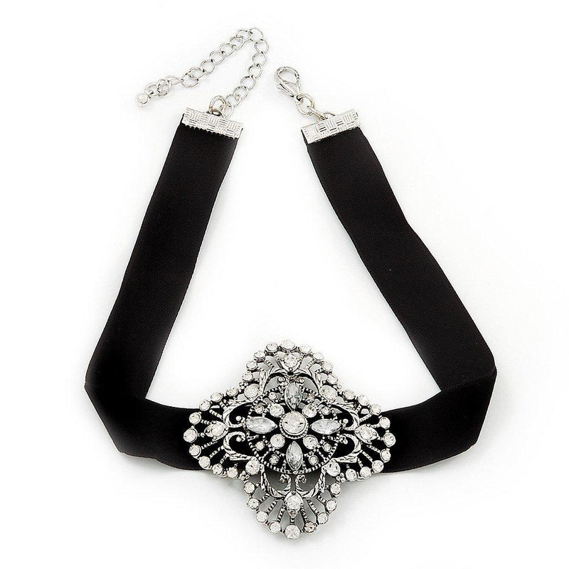 [Australia] - Avalaya Black Velour Ribbon Diamante Filigree Cross Choker in Silver Tone Metal - 29cm Length (7cm Extension) 