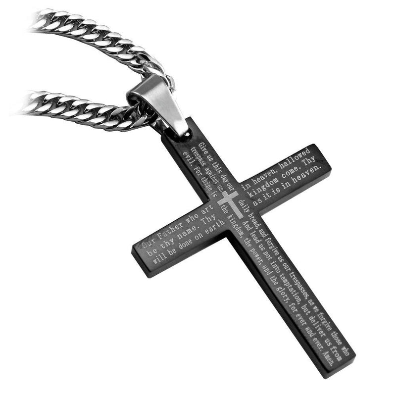 [Australia] - New Stainless Steel The Lords Prayer Black Cross Pendant With English Scripture & Free Chain - Length 60cms - Free Delivery + Gift Packaging Included! 