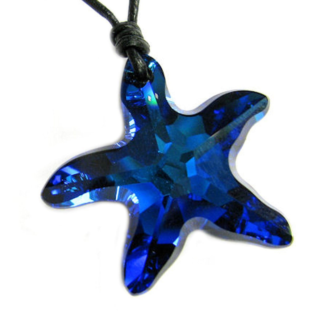 [Australia] - Queenberry Leather Choker Necklace with Swarovski Elements Crystal Bermula Blue Star Fish Pendant, 14" - 24" 