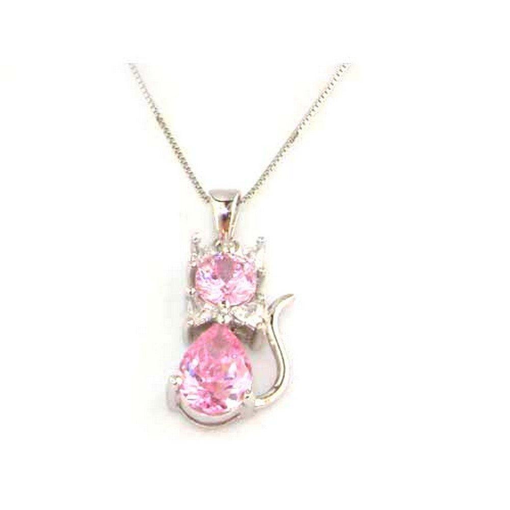 [Australia] - Luxury Ladies Solid 925 Sterling Silver Pink Stone Set Cat Pendant & 16" Sterling Silver Chain Necklace 