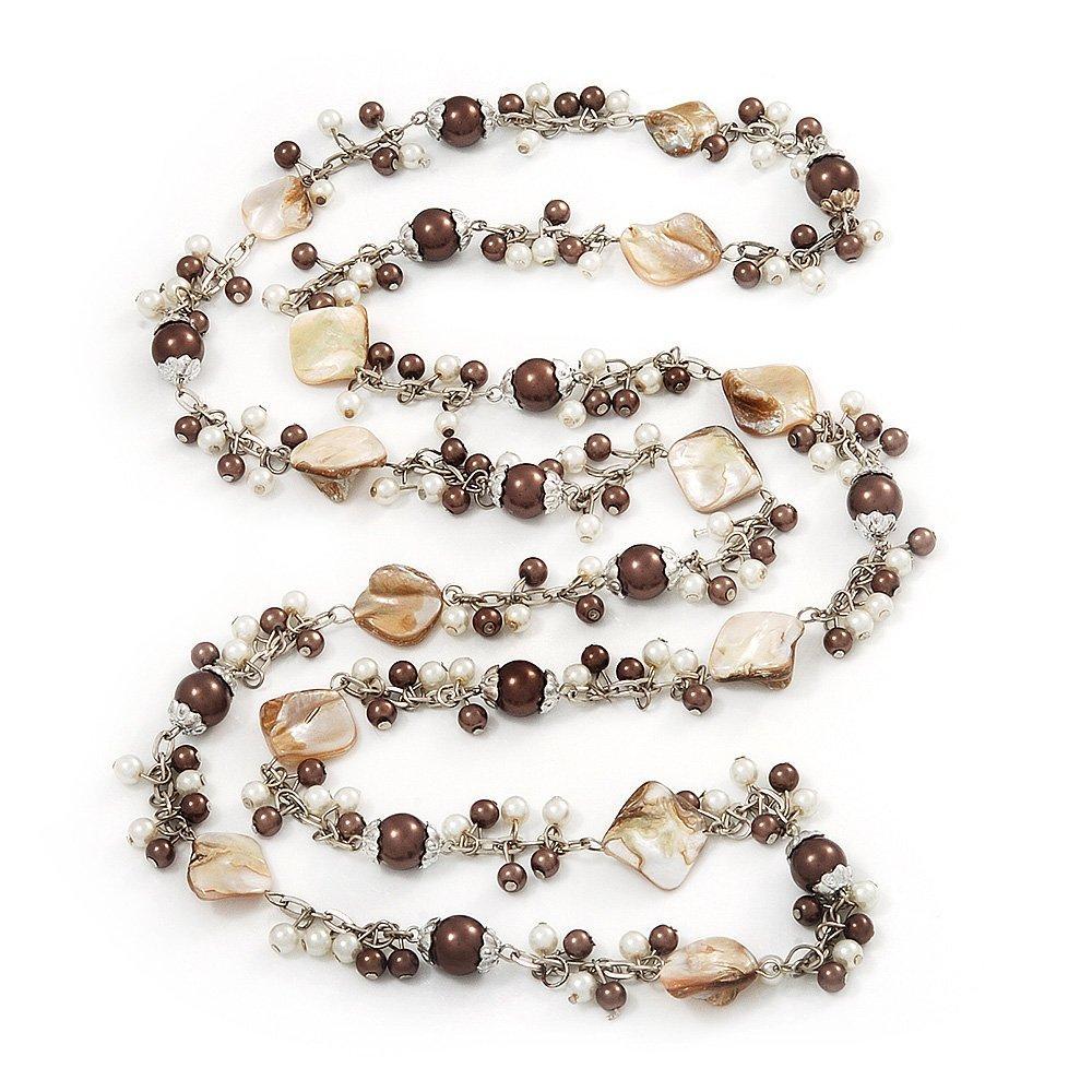 [Australia] - Avalaya Antique White Shell & Brown Imitation Pearl Bead Long Necklace - 130cm Length 