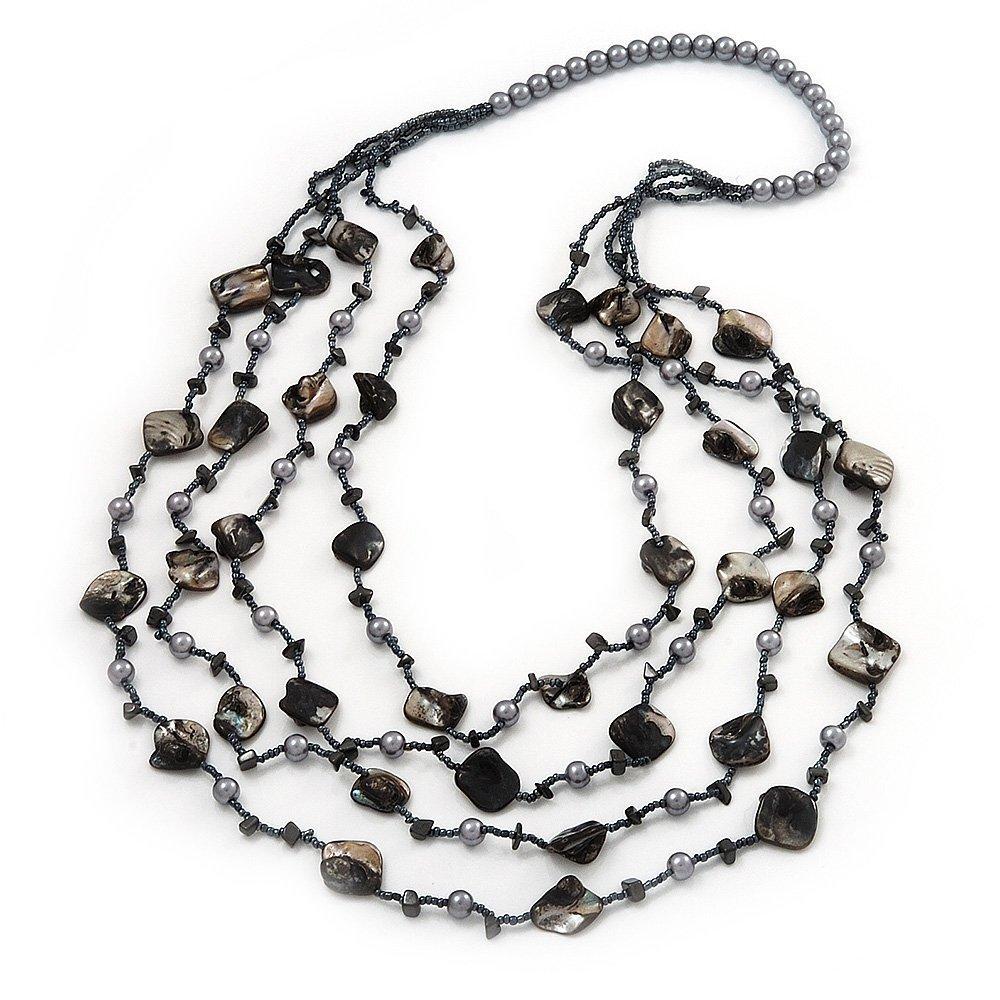 [Australia] - Avalaya Long Multistrand Black Shell & Simulated Pearl Necklace - 96cm Length 