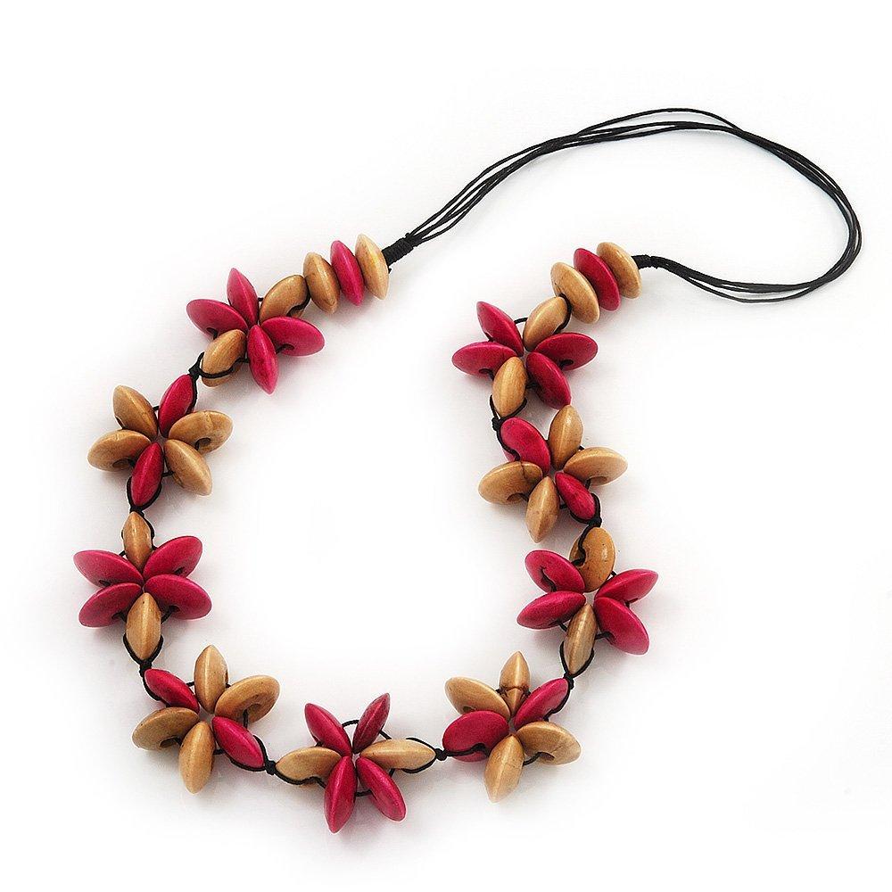 [Australia] - Avalaya Beige/Deep Pink Wooden Floral Cotton Cord Necklace - 70cm Length 