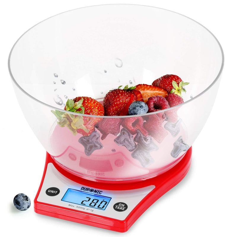 [Australia] - Duronic Kitchen Scales with Bowl for Baking KS6000RD/CR Red 2L Clear Bowl 5kg Capacity Tare | 1g Precision | Postal Parcel Weigh Red/Clear 