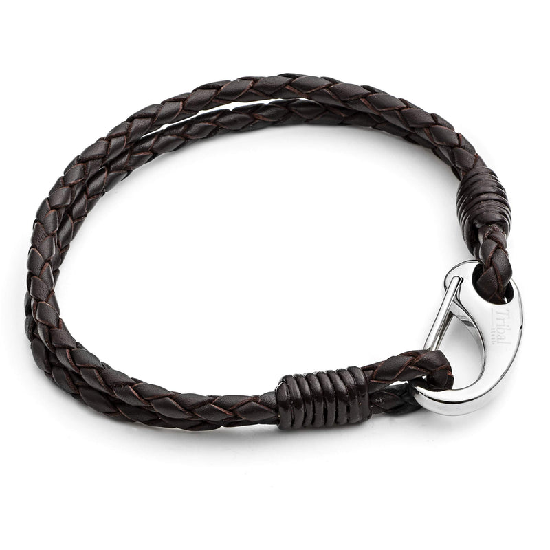 [Australia] - Mens Small Size Leather Bracelet, Brown Braided, 2-Strand, Stainless Steel Shrimp Clasp, 19cm Unisex by Tribal Steel 