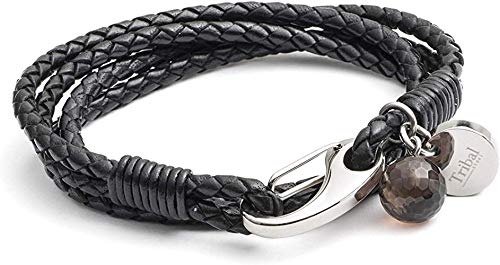 [Australia] - Black Leather Charm Bracelet for Women, Multi-Strand Leather Bracelet with Shrimp Clasp, Crystal Charm + Disc. 19cm, by Tribal Steel 