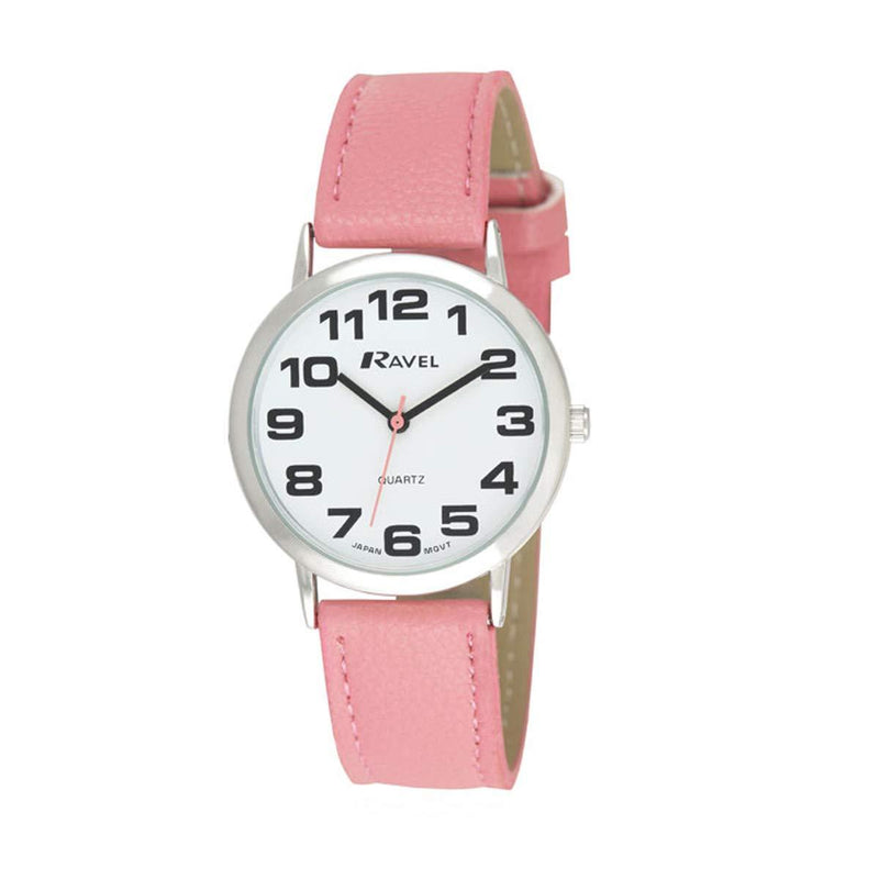 [Australia] - Ravel Women's Easy Read Watch with Big Numbers (Medium) - Pink/Silver Tone/White Dial 