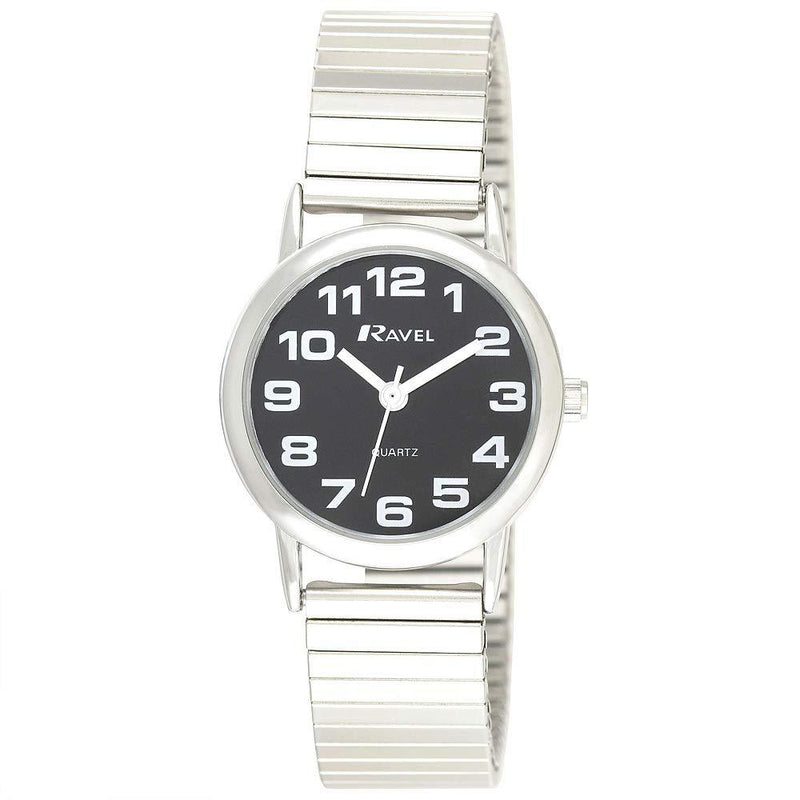 [Australia] - Ravel - Unisex Easy Read Watch with Big Numbers on Stainless Steel Expander Bracelet Women's - 27mm case Silver Tone / Black 