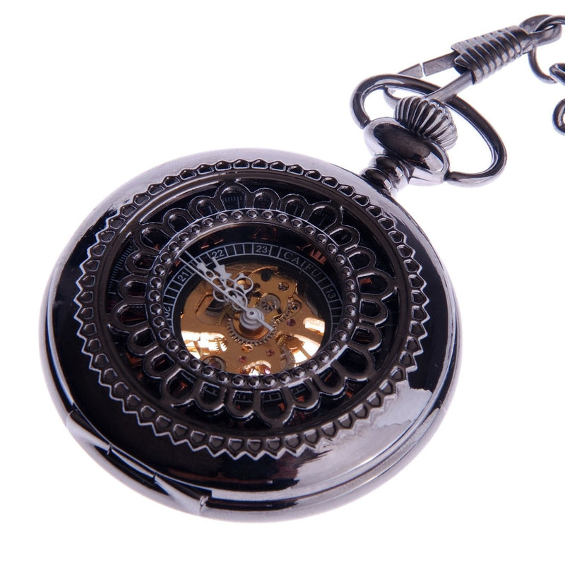 [Australia] - Skeleton Pocket Watch Chain Mechanical Hand Wind with Bronze Red Roman Numerals Half Hunter Vintage Antique Look - PW33 