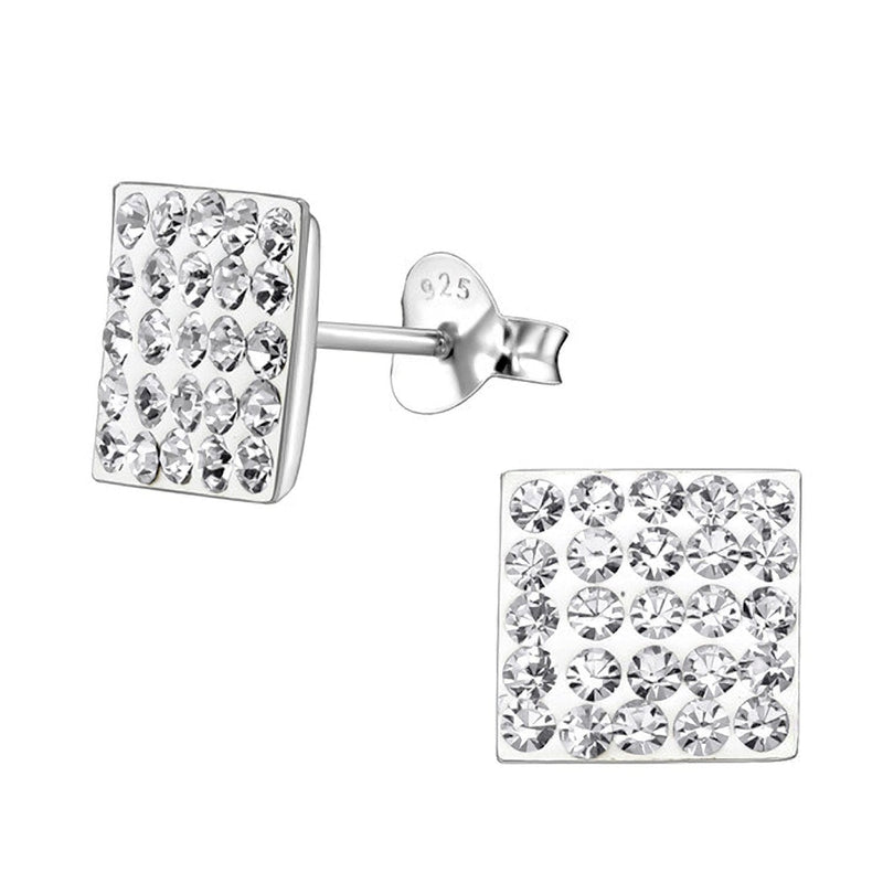 [Australia] - 8MM Bling MENS Square Micro Pave Austrian Crystal Sterling Silver Stud Earrings – White/Clear - Beckham Style 