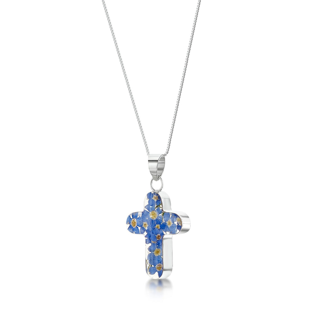 [Australia] - Shrieking Violet Silver Cross Pendant Made with Real Forget-me-nots - Includes an 18" Silver Chain & giftbox 