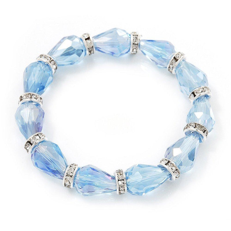 [Australia] - Light Blue Glass Bead With Clear Crystals Silver Rings Flex Bracelet - 18cm Length 
