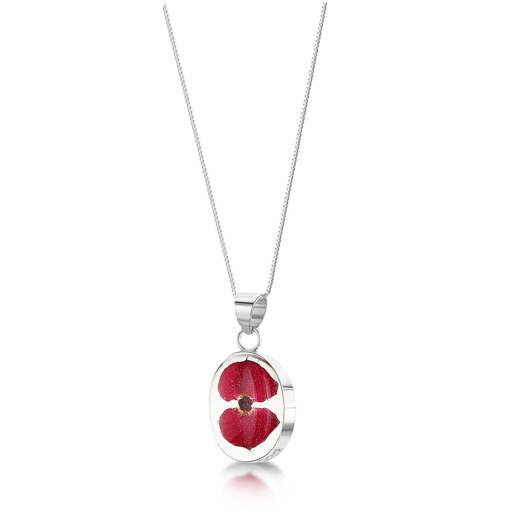 [Australia] - Shrieking Violet Silver Pendant with a Real Flower - Poppy - Oval +18" Silver Chain & giftbox 