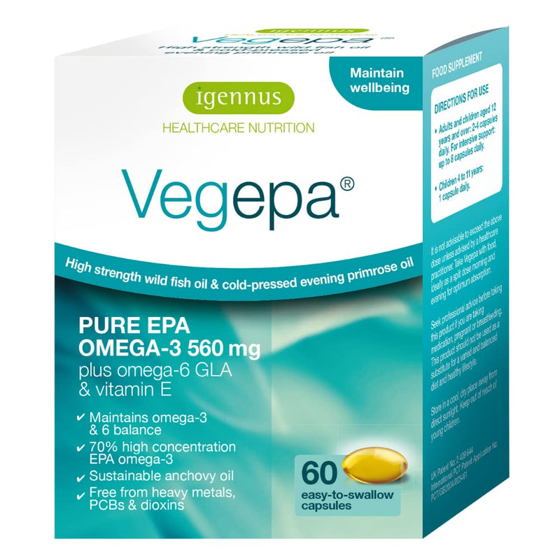 [Australia] - Vegepa Omega-3-6 Essential Fatty Acids, Wild Fish Oil & Evening Primrose Oil, 560mg EPA Omega-3 per Serving, 60 Capsules 