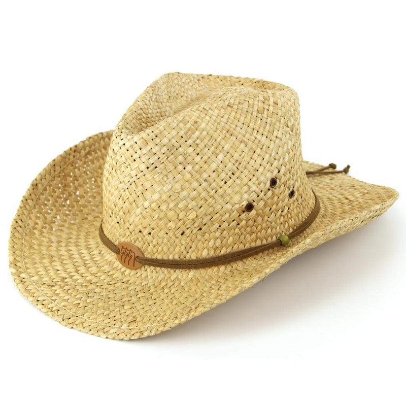 [Australia] - Straw cowboy hat with leather band detail and three horses badge. Natural 