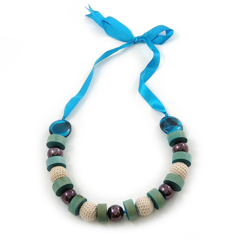 [Australia] - Avalaya Chunky Light Green Wood, Glass & Fabric Bead Necklace On Light Blue Silk Ribbon - Adjustable 