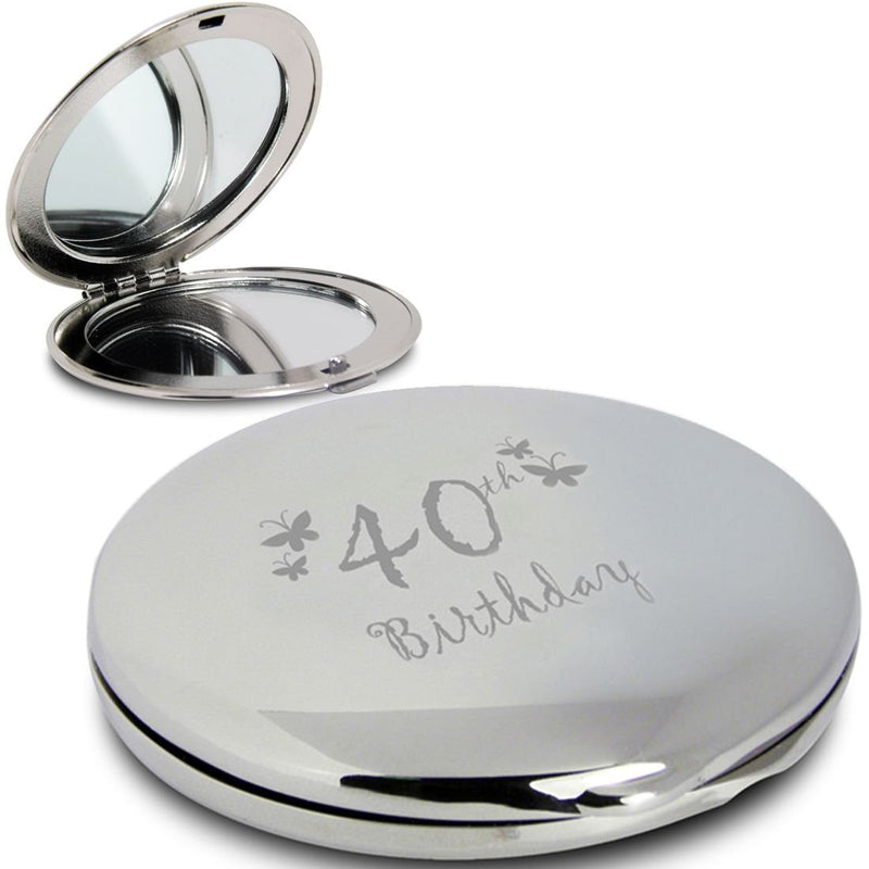 [Australia] - Silver Finish Engraved 40th Birthday Round Compact Mirror with Butterflies Great Idea for Birthday Gift Friends Presents Gifts 