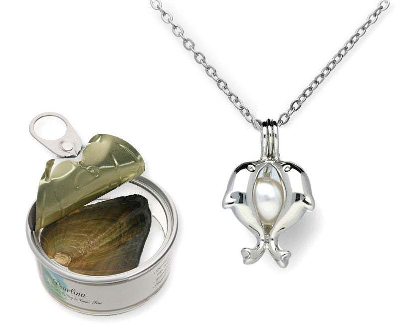 [Australia] - Freshwater Cultured Pearl (5-7mm) in Oyster Set Rhodium Plated Twin Dolphins Necklace +Stainless Chain 18" 