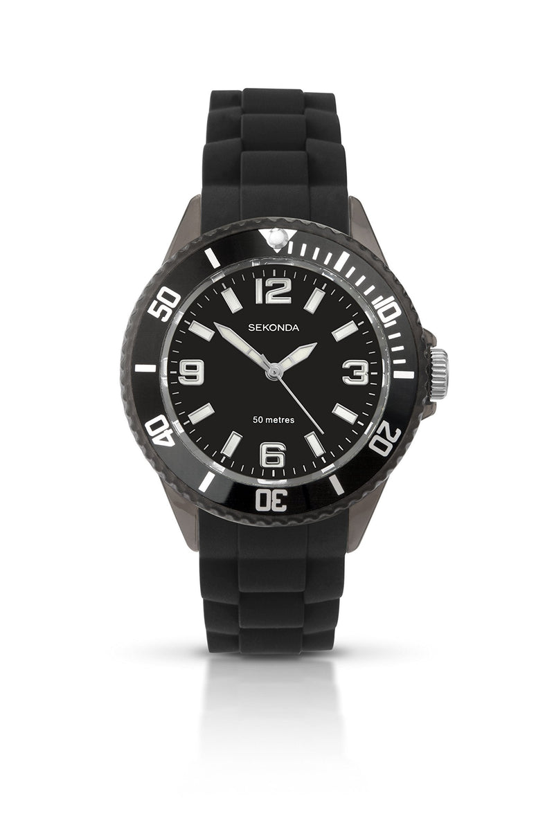 [Australia] - Sekonda Unisex-Child Quartz Watch, Analogue Classic Display and Silicone Strap Black Strap/Black Dial 