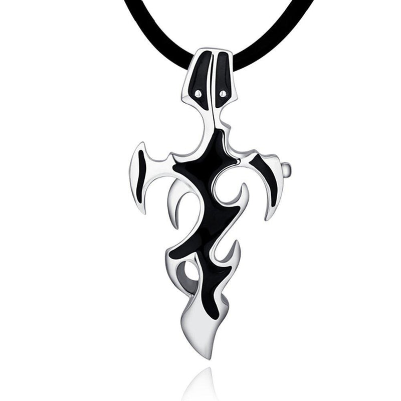 [Australia] - DonDon Men´s Necklace Leather 50 cm 19,7" with Tribal Cross Pendant Silver Stainless Steel in a Black Velvet Gift Bag 