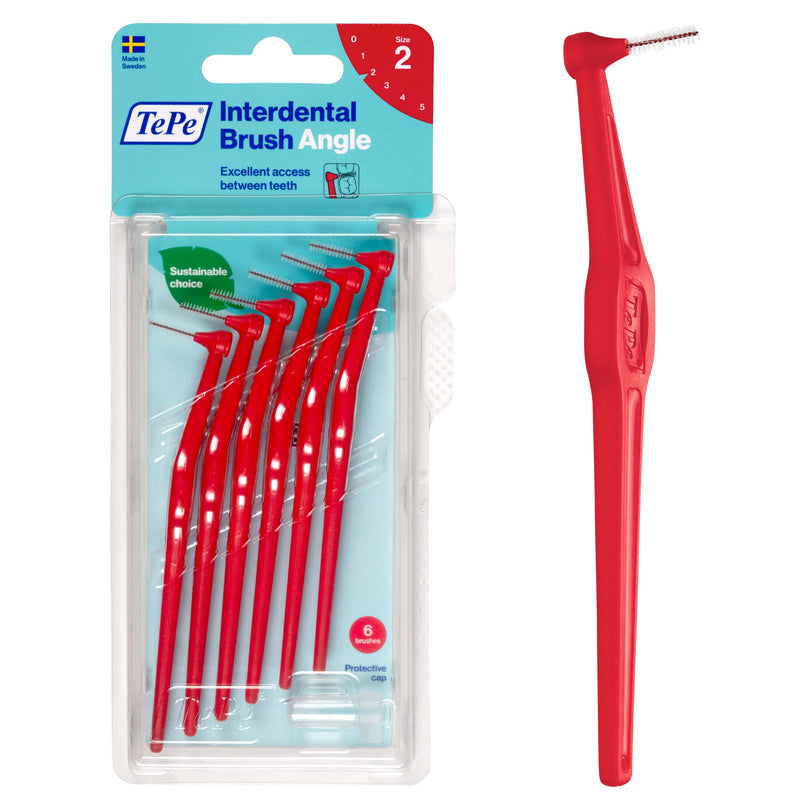 [Australia] - TePe Angle Red Interdental Brushes (0.5mm - Size 2) / Easy and simple interspace cleaning with long handle and angled neck / 1 x 6 brushes 6 Count (Pack of 1) Single size pack Red (0.5mm) 