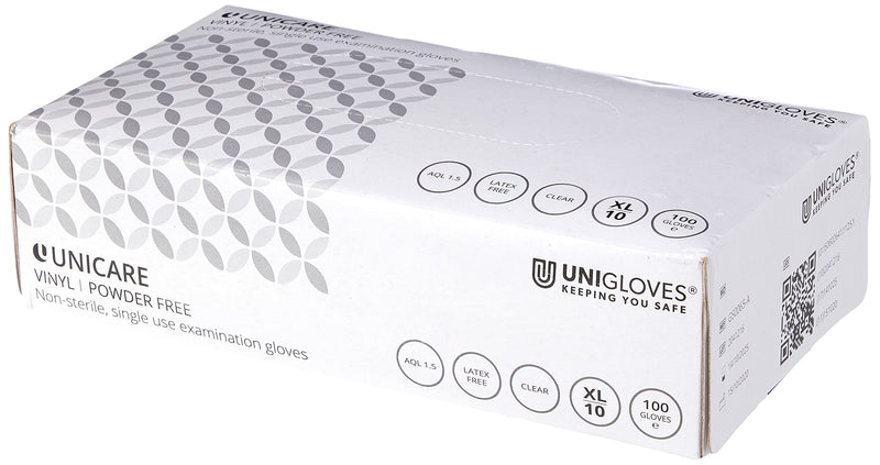[Australia] - Unigloves Unicare Clear Vinyl GS0065-A Examination - Multipurpose, Powder Free and Latex Free Disposable Gloves, Box of 100 Gloves, Clear, Extra Large XL 