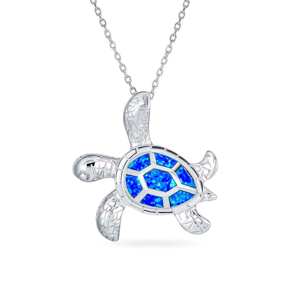 [Australia] - Large Nautical Blue Created Opal Inlay Sea Tortoise Turtle Pendant Necklace For Women For Teen 925 Sterling Silver 