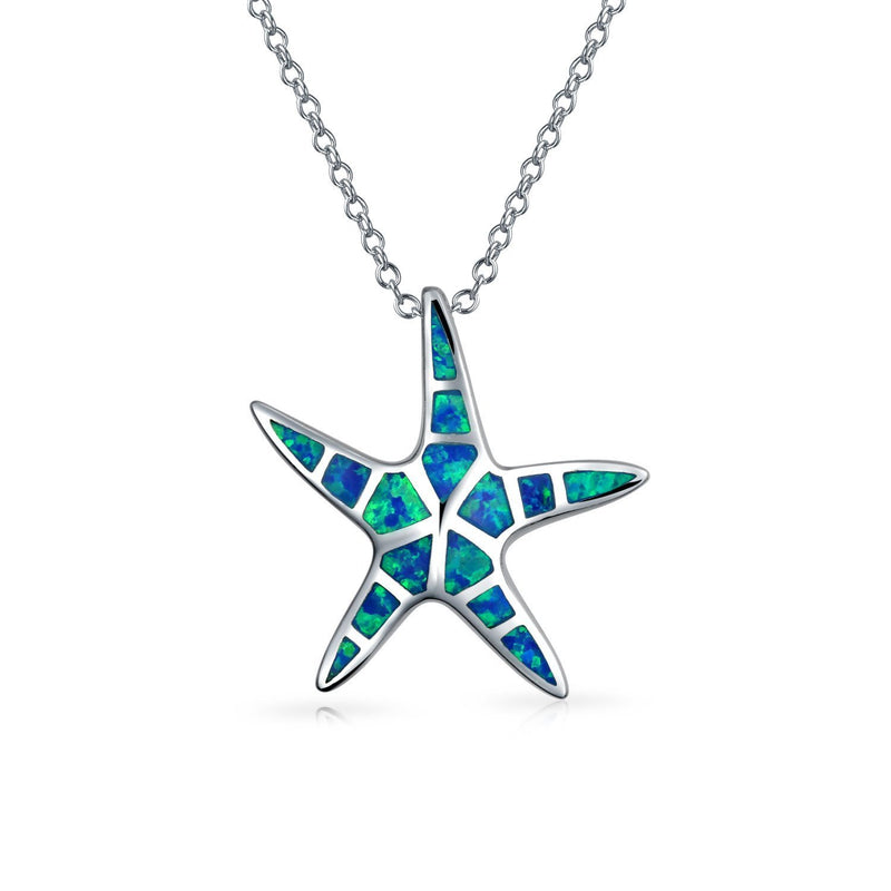 [Australia] - Nautical Beach Pendant Blue Inlay Created Opal Starfish Pendant Necklace For Women For Teen 925 Sterling Silver 