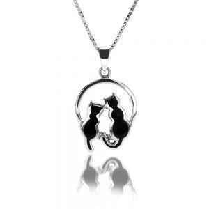 [Australia] - Sterling Silver 925 BLACK CATS ON MOON Enamel Pendant Necklace 