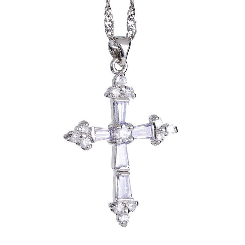 [Australia] - RIZILIA Crucifix Cross Pendant with 45cm(18") Chain & Trapezoid Cut Gemstones CZ in 18K White Gold Plated, Simple Modern Elegance Tanzanite 