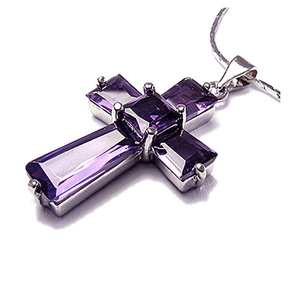 [Australia] - Rizilia Crucifix Cross Pendant with 45cm(18") Chain & Trapezoid Square Cut Gemstones CZ [7 Colours Available] in 18K White Gold Plated, Simple Modern Elegance Purple Amethyst 