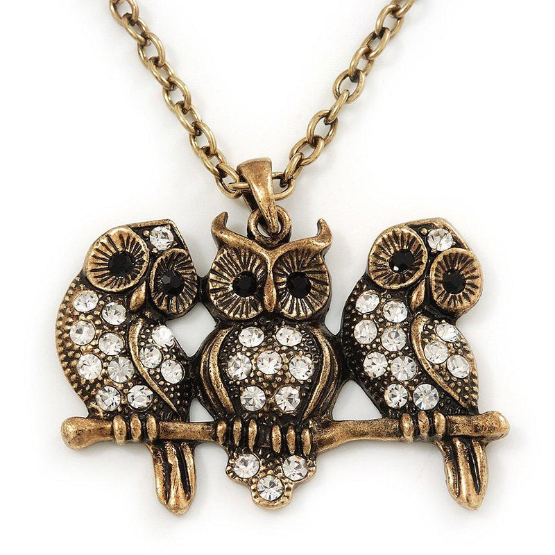 [Australia] - Avalaya 'Three Wise Owls' Long Diamante Pendant Necklace in Burn Gold Metal - 62cm Length/ 5cm Extension 