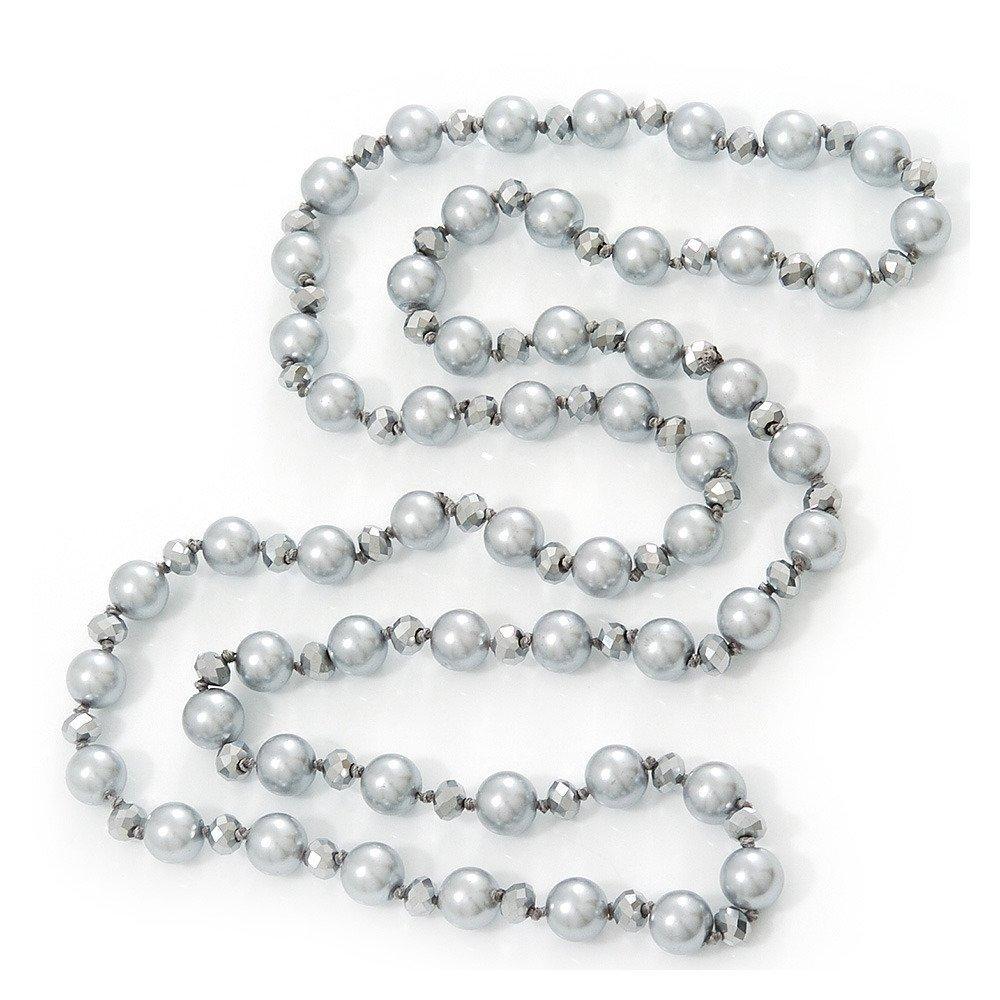 [Australia] - Avalaya Long Light Grey/Metallic Grey Glass Pearl/Bead Necklace - 110cm Length 