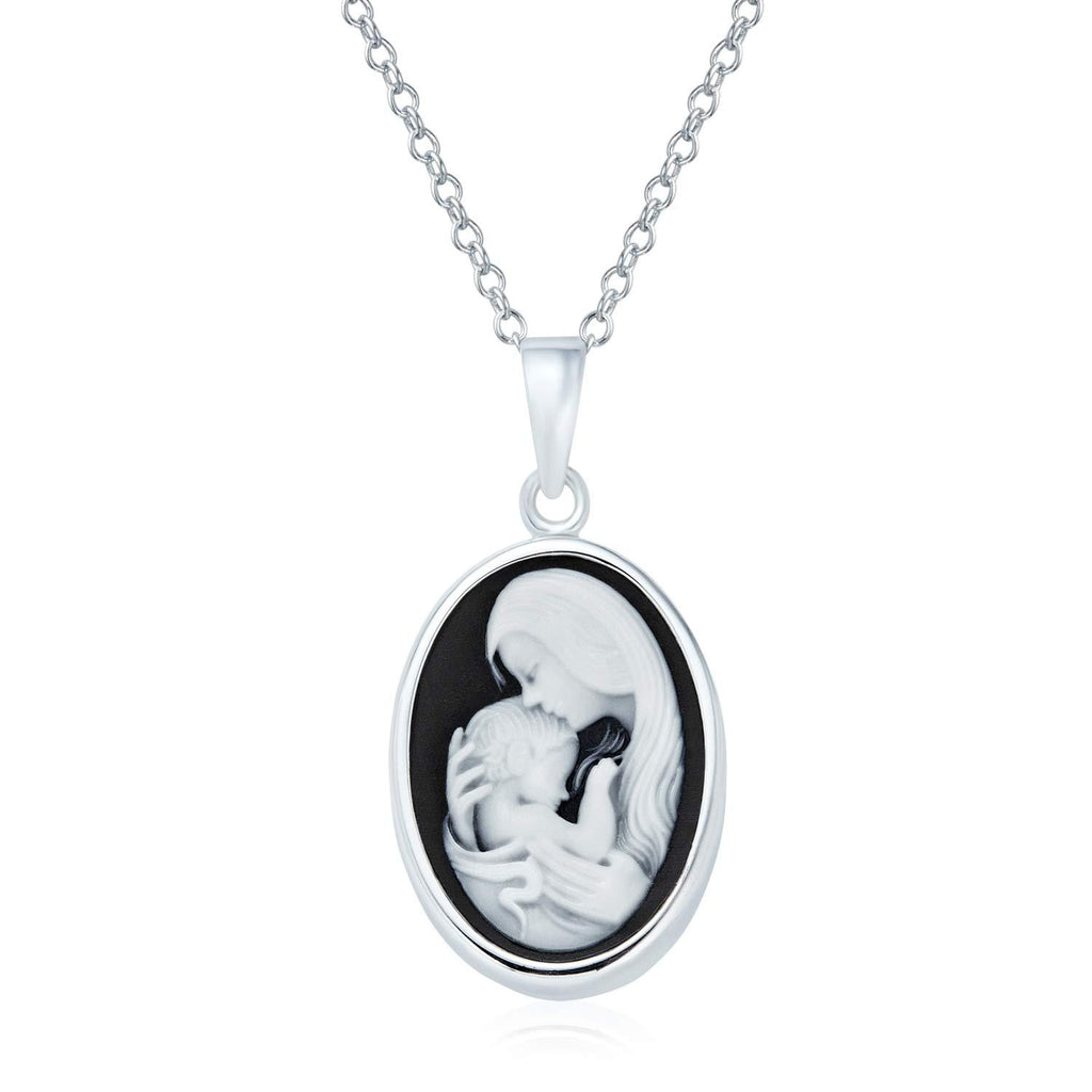 [Australia] - Bling Jewelry Delicate Petite Victorian Vintage Antique Style Black White Craved Mother and Child Loving Cameo Pendant Son Daughter Necklace for Women 925 Sterling Silver 