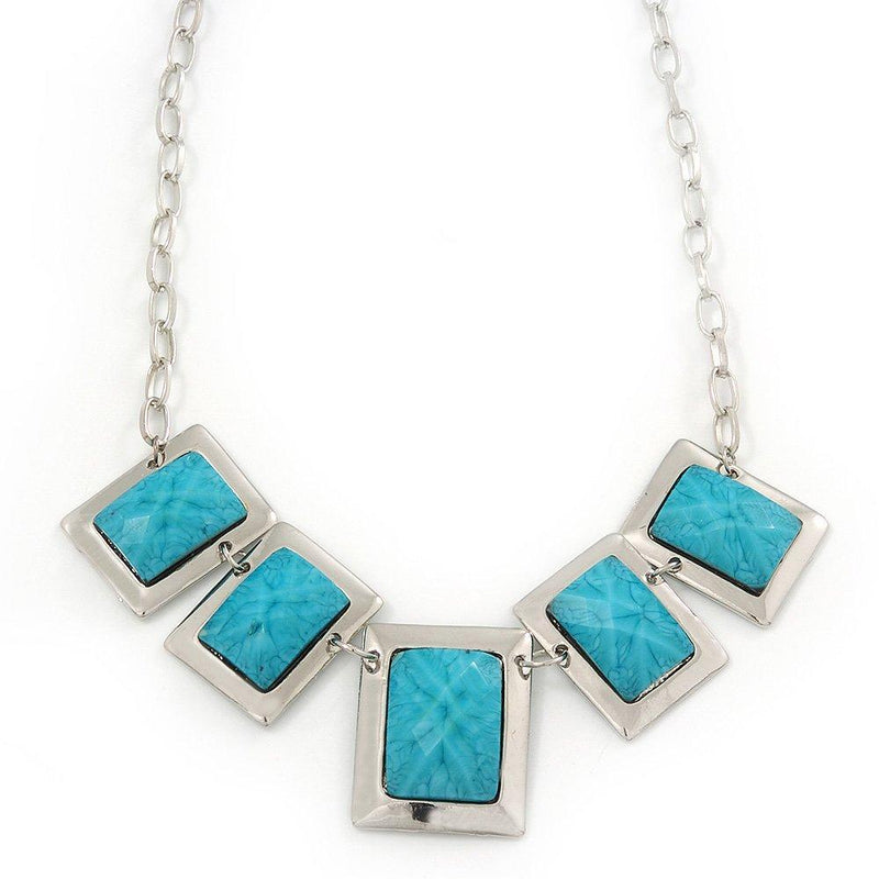 [Australia] - Avalaya Light Blue Square Acrylic Bead Geometric Necklace in Silver Plating - 40cm Length/ 5cm Extension 