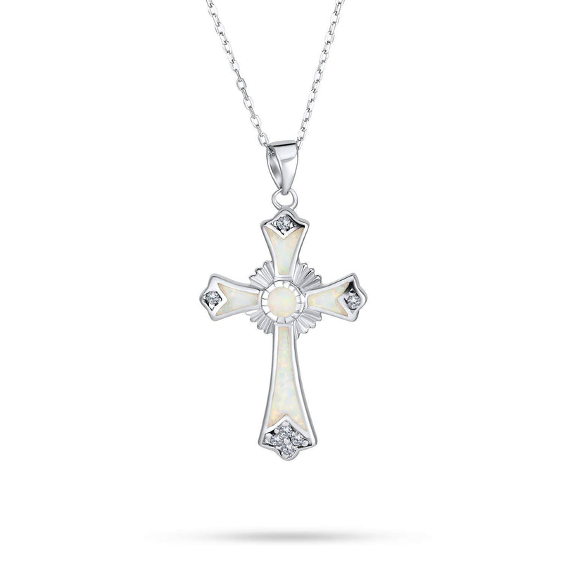 [Australia] - Iridescent White Blue Created Opal CZ Eternal Circle Botonee Cross Pendant Necklace for Women Teen Sterling Silver 
