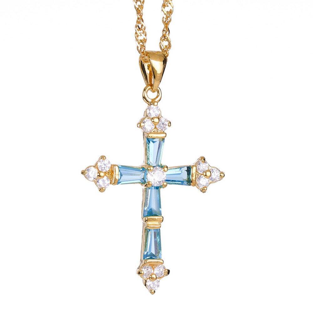 [Australia] - RIZILIA Crucifix Cross Pendant with 45cm(18") Chain & Trapezoid Cut Gemstones CZ [5 Colours Available] in 18K Yellow Gold Plated, Simple Modern Elegance Aquamarine 