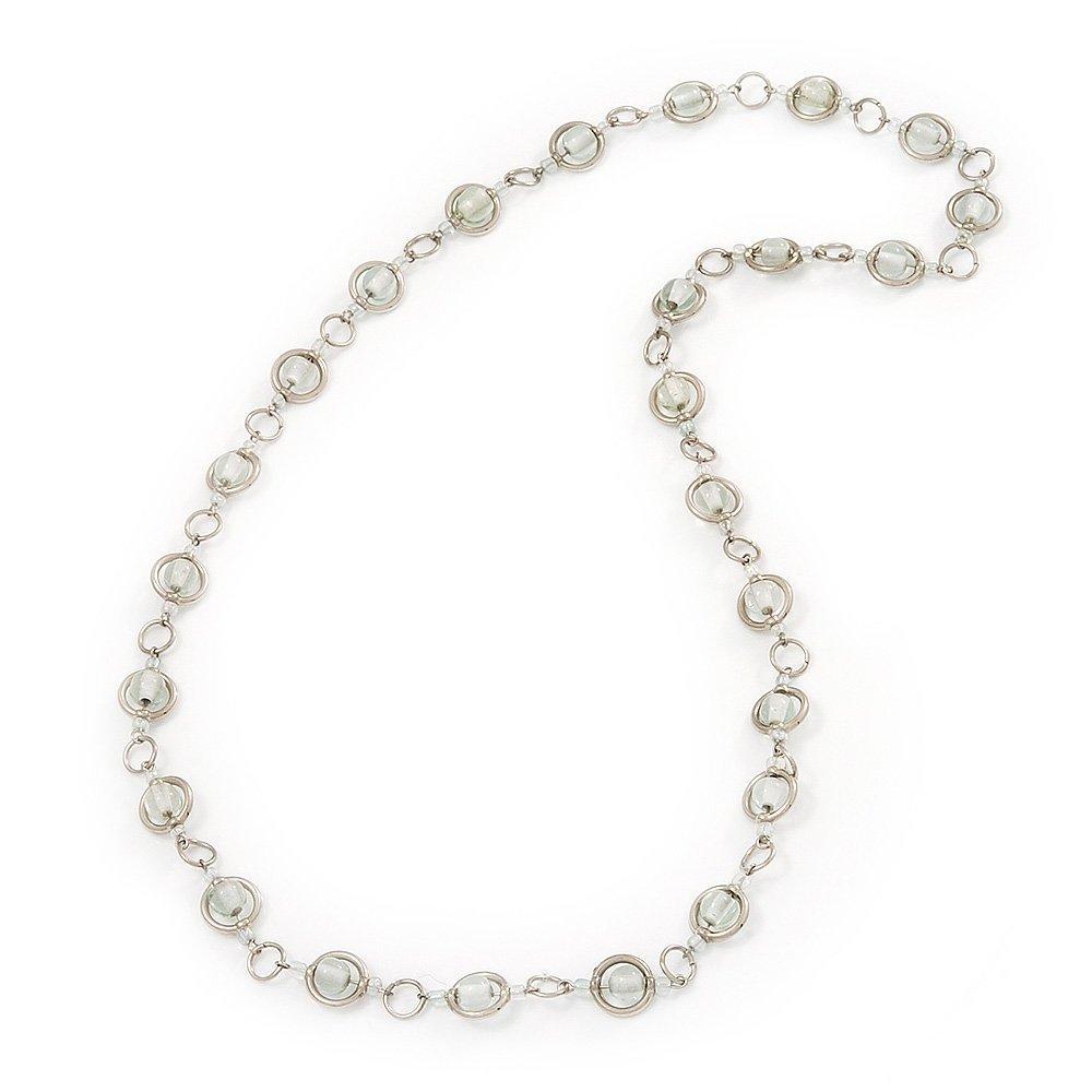 [Australia] - Transparent White Glass Bead Necklace In Silver Plated Metal - 72cm Length 