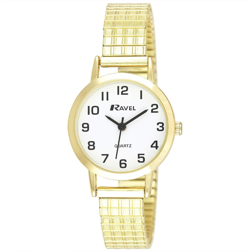 [Australia] - Ravel - Unisex Traditional Watch with Clear Numeral Dial on Expander Bracelet Women's - 27mm case Gold 
