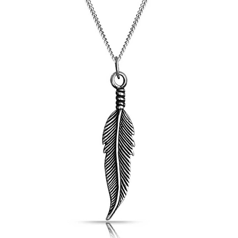 [Australia] - Feather Leaf Dangling Pendant Charm Bohemian Style Blackened Antiqued 925 Sterling Silver Necklace For Women 18 Inches 