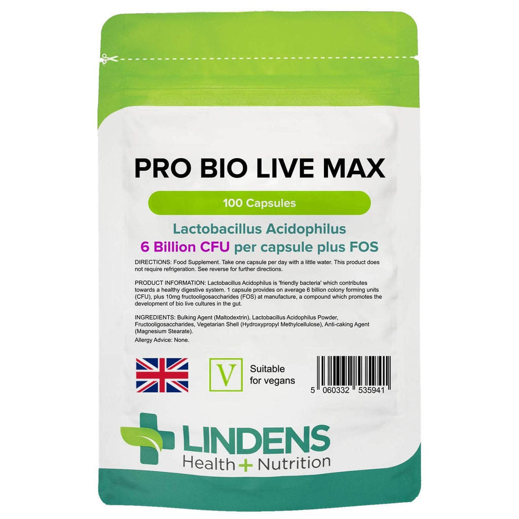 [Australia] - Lindens Pro Bio Live Max 6 Billion CFU Capsules - 100 Pack - Contributes to a Healthy Gut and Supports Digestion - Probiotic Vegetarian Capsules - UK Manufacturer, Letterbox Friendly 