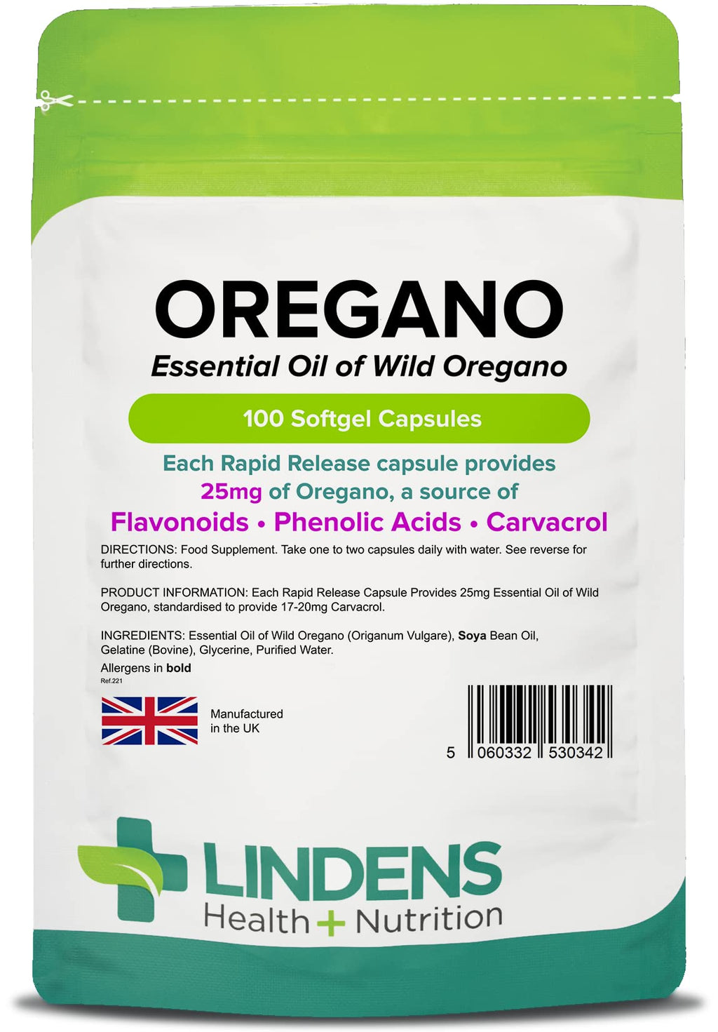 [Australia] - Lindens Oregano Oil 25mg - 100 Capsules (3+ Months Supply) - UK Made to GMP Standard | A Natural Source of Phenolic Acids and Flavonoids | Origanum Vulgare | Letterbox Friendly 