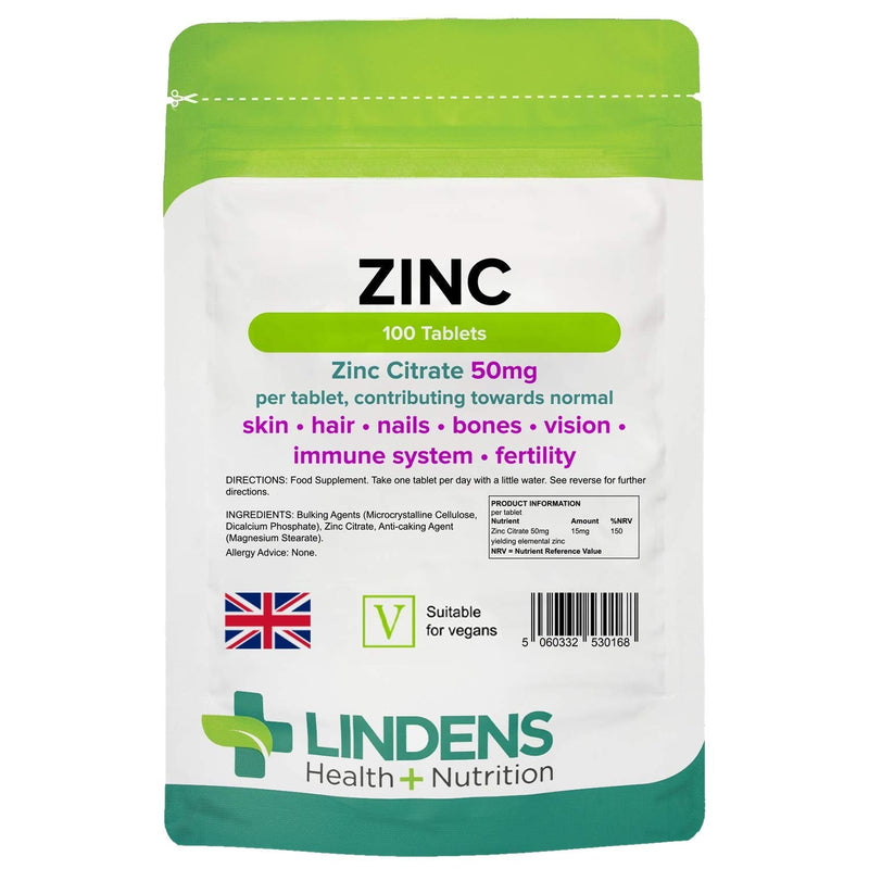 [Australia] - Lindens Zinc Citrate 50mg - 100 Vegan Tablets - Immune Function, Fertility, Healthy Bones, Vision, Hair, Nails and Skin - Made in The UK | (3+ Months Supply) | Letterbox Friendly 100 Count (Pack of 1) 