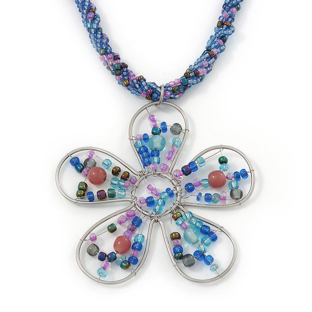 [Australia] - Avalaya Blue/Pink Glass Bead Flower Pendant Necklace - 40cm Length 