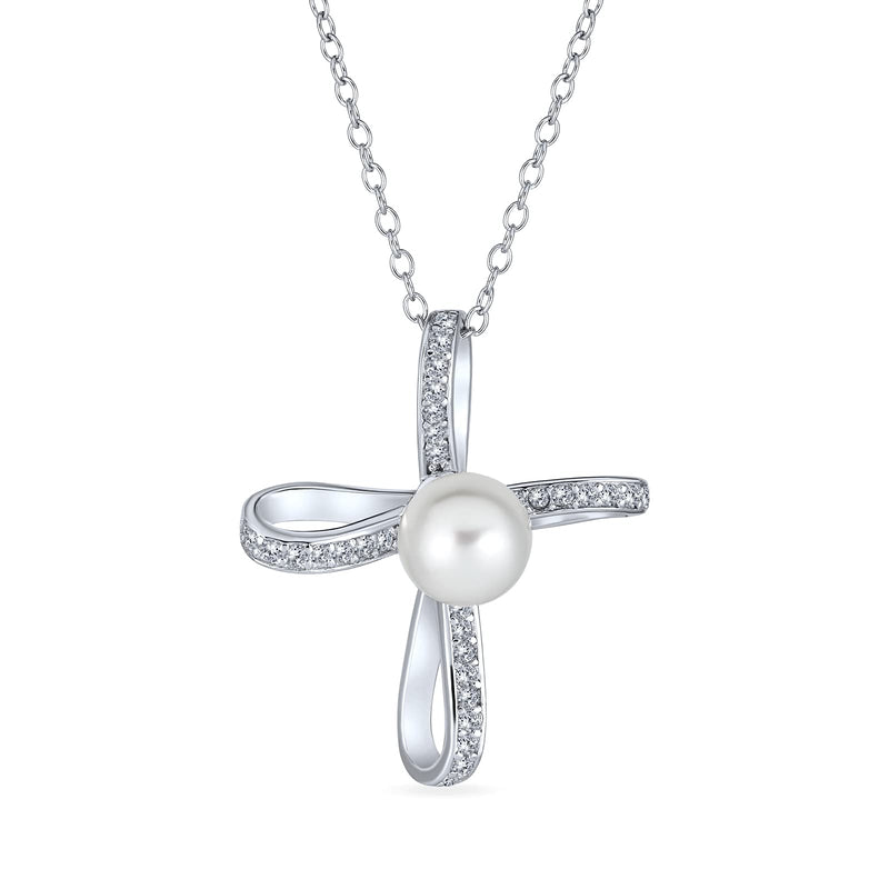 [Australia] - Bridal Simple White Simulated Pearl Infinity Cross Pendant Necklace For Women For Teen 925 Sterling Silver 18 Inch 