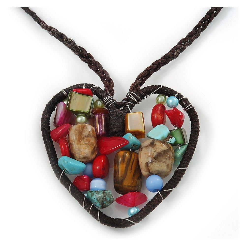 [Australia] - Avalaya Open Heart with Multicoloured Semiprecious Stones Pendant On Brown Cotton Cord Necklace - 40cm Length 