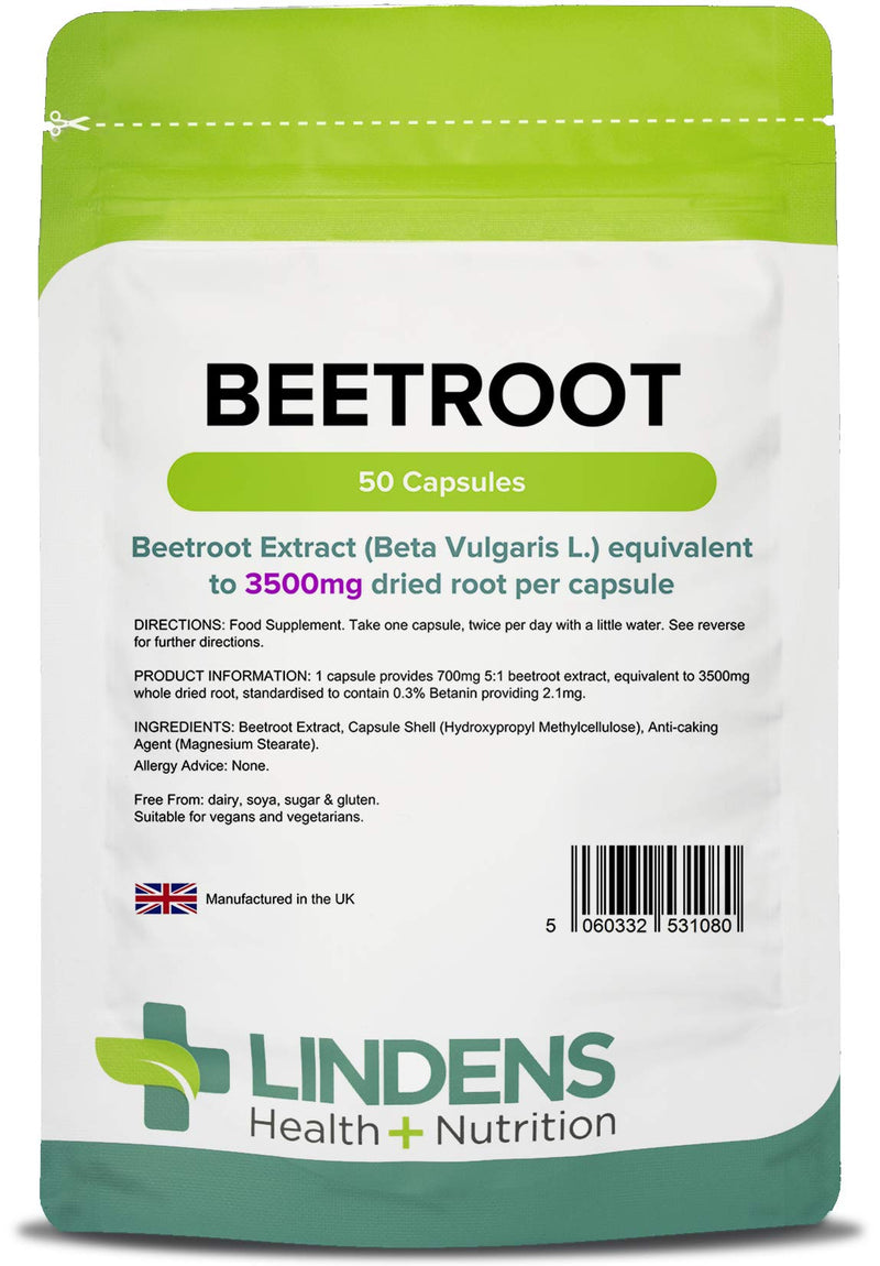 [Australia] - Lindens Beetroot Super Strength 3500mg Capsules - 50 Pack - A Source of Dietary nitrates in an Easy to Swallow, Rapid Release Capsule - UK Manufacturer, Letterbox Friendly 50 Count (Pack of 1) 