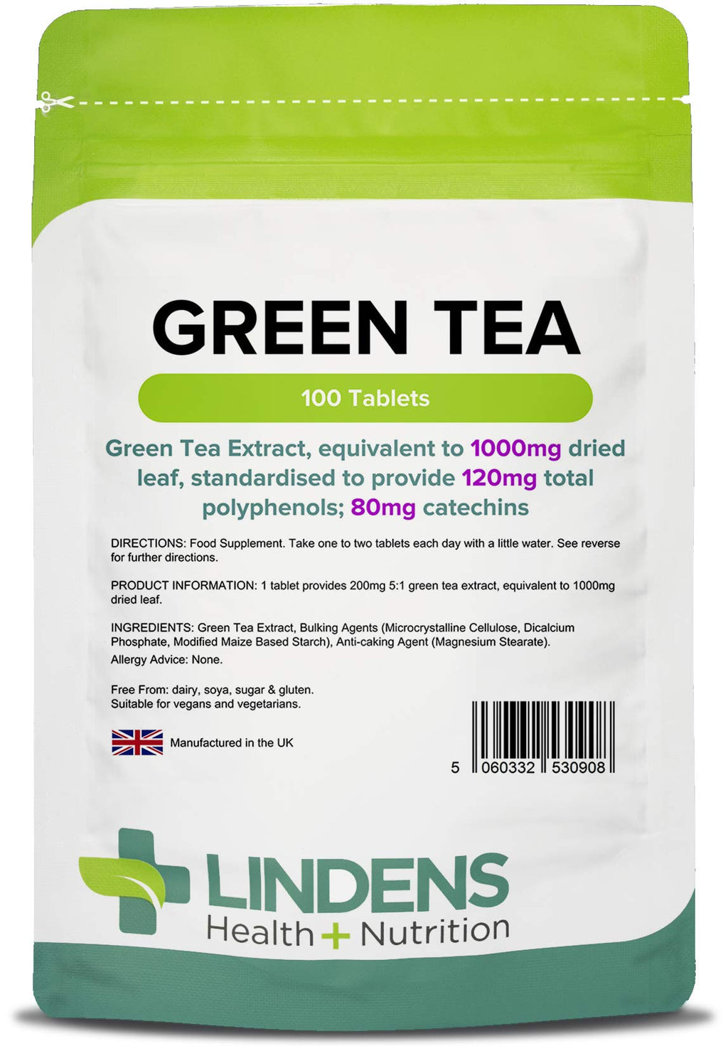 [Australia] - Lindens Green Tea 1000mg Tablets - 100 Pack - Green Tea Extract, Equivalent to 1000mg Dried Leaf, Standardised to Provide 120mg Total Polyphenols; 80mg Catechins - UK Manufacturer, Letterbox Friendly 